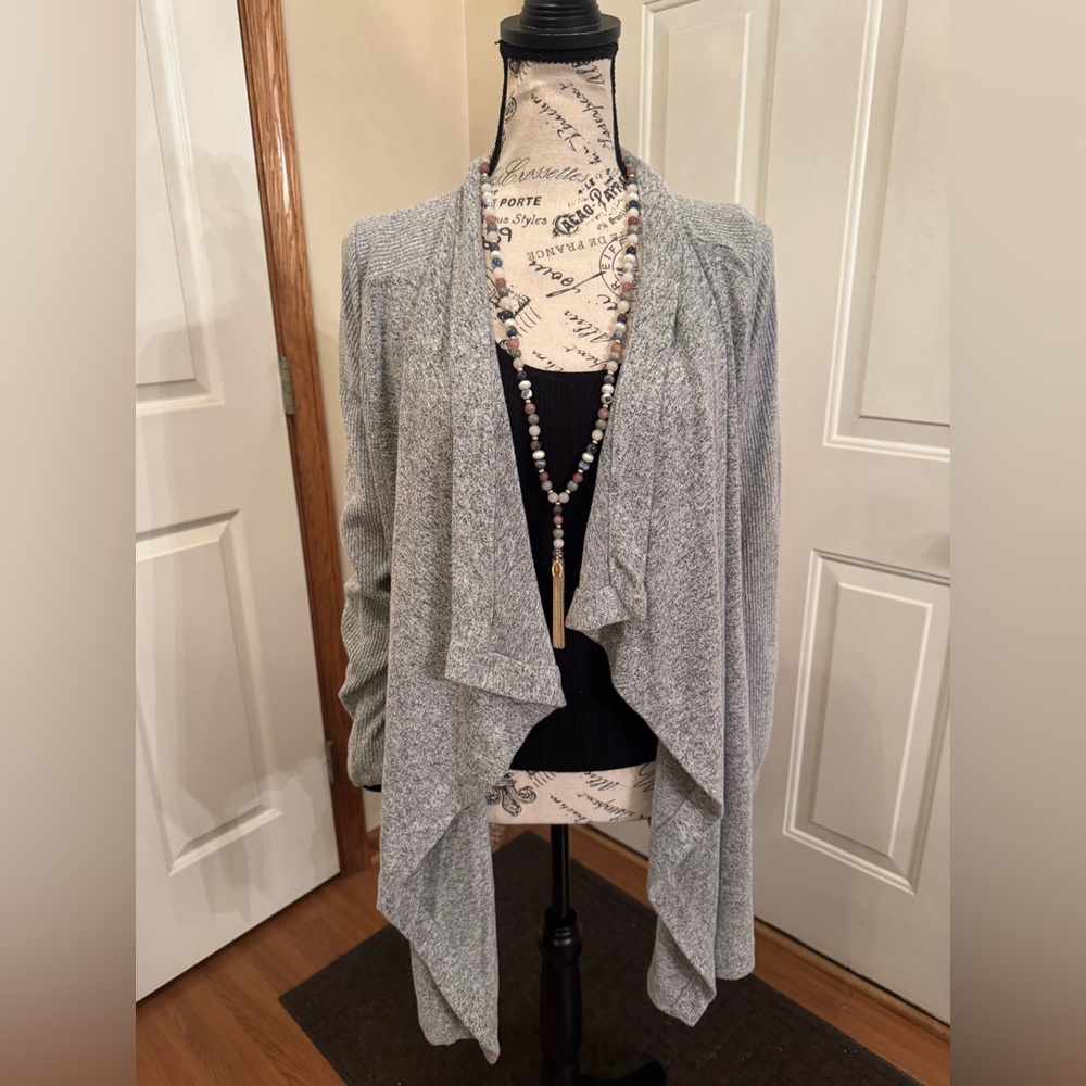 White House Black Market Gray Waterfall Cardigan Sweater style # 570296892